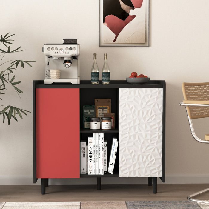 Buffet meuble de rangement noir et rouge 90 x 40 x 80 cm MDF avec 2 tiroirs et portes texturées VEVXYN