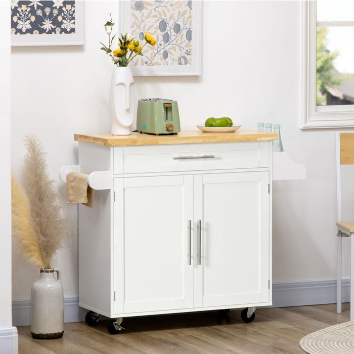 Chariot de cuisine avec plan de travail blanc MDF 1 tiroir placard râtelier à épices 4 roulettes VEVXYN