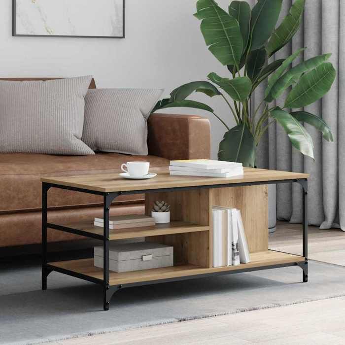 Table basse - MAISON EXCLUSIVE - 100x50x45 cm - Aspect chêne (bois dingénierie) - Cadre métal noir - Style industriel