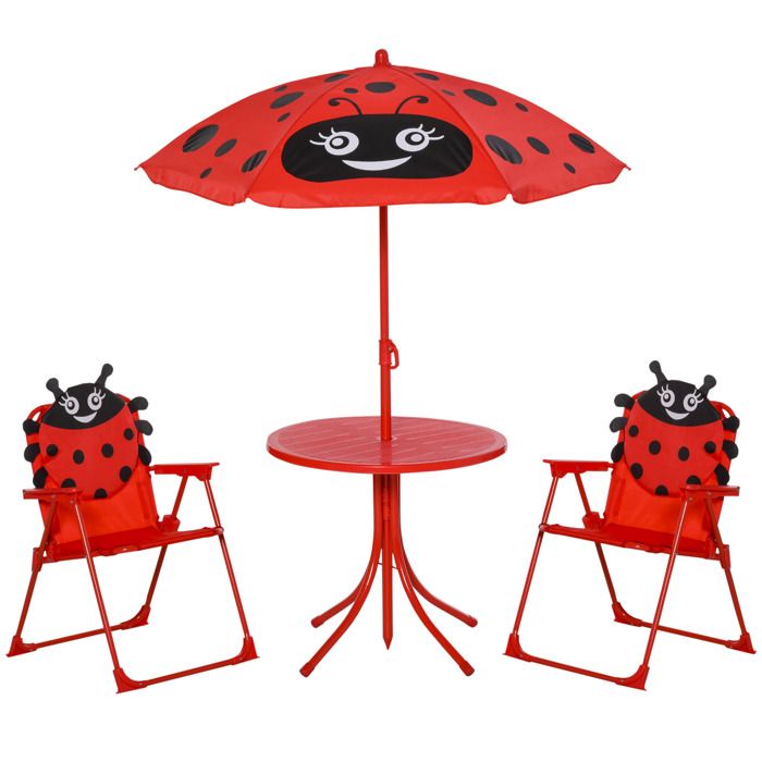 Ensemble 4 pièces salon de jardin enfant avec table ronde 2 chaises pliables et parasol pour extérieur