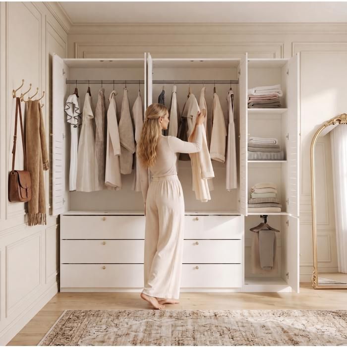 Armoire de chambre blanche 5 portes persiennées 6 tiroirs et 3 tringles 225 x 50 x 200 cm