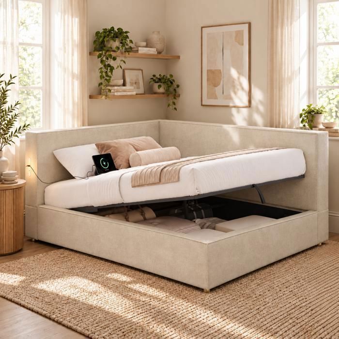 Lit Banquette Coffre 140x190 cm en Chenille Sommier Relevable Hydraulique Dossier Rembourré Beige Lit Banquette Coffre 140x190 cm en Chenille Sommier Relevable Hydraulique Dossier Rembourré Beige