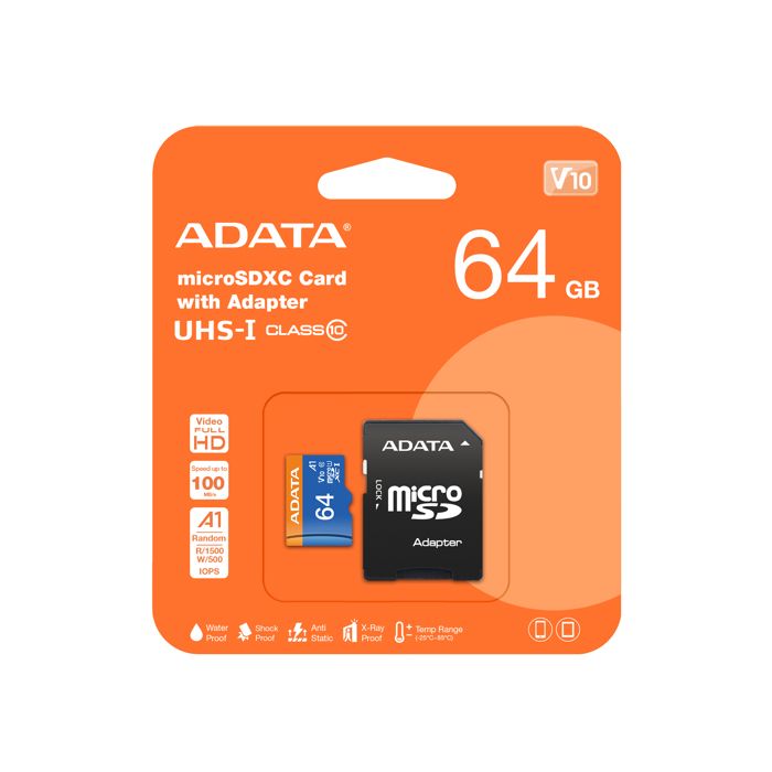 Carte mémoire flash ADATA 64GB Premier Micro SDXC avec adaptateur SD Classe UHS-I 10 avec performance A1