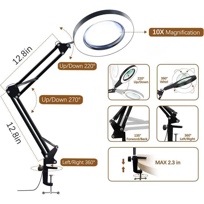 Loupe de poche pliable 10X 2 LED en alliage de zinc AIHONTAI - Noir