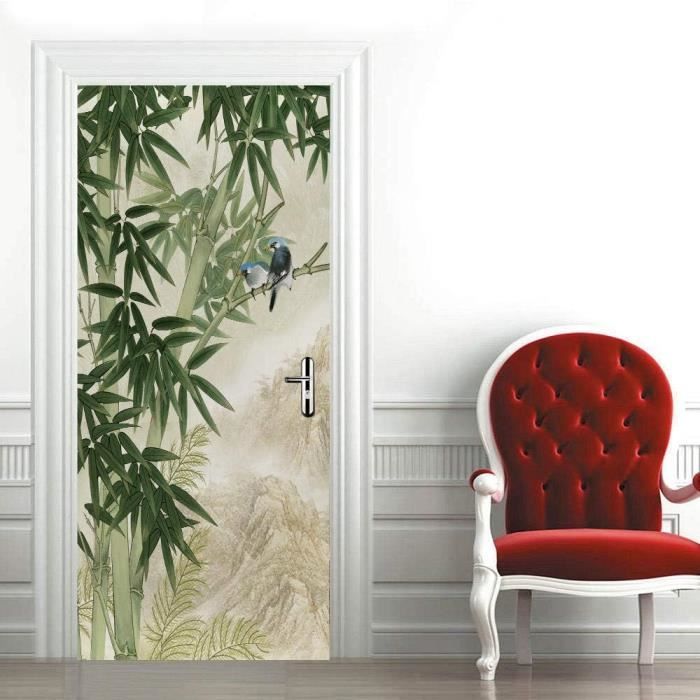 Sticker Porte Effet 3D Paysage De Bambou Vert Chinois Autocollant Décoration Pour Porte Cuisine, Salon Chambre Salle De Bain - Style Papier Peint Pour Les Murs Pvc Auto-Adhésif Imperméable Amovible