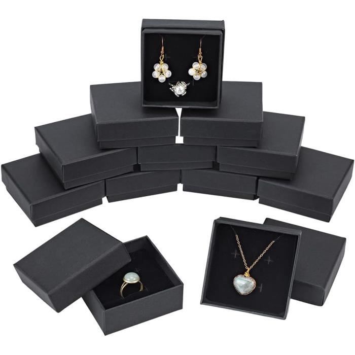 Lot De 12 Boîtes à Bagues Similicuir - Noir Et Argenté, Velours Intérieur, Pour Bijoutier Ou Cadeau