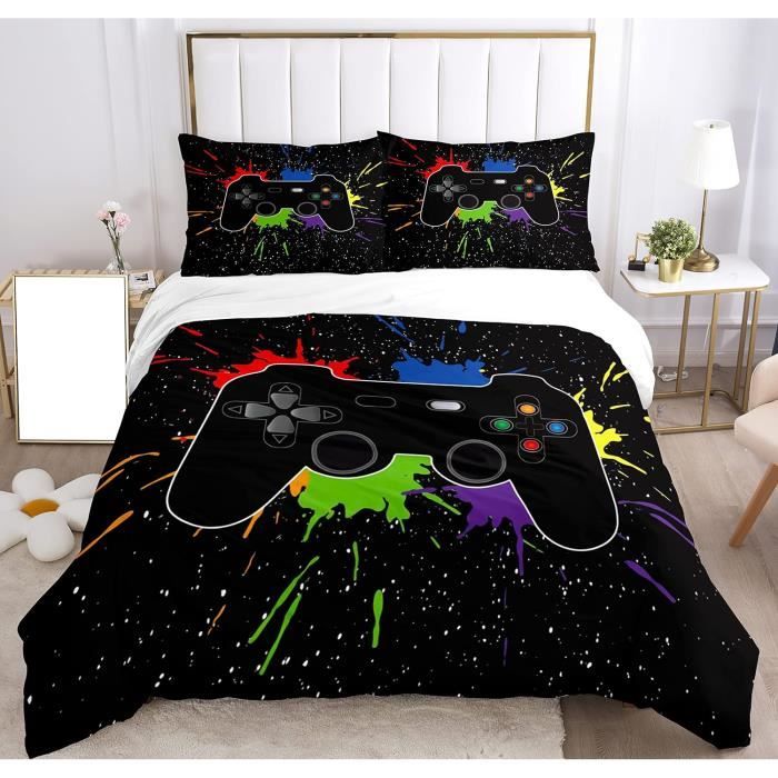 Housse de Couette - 220x240cm - Microfibre - Imprimé Manette de Jeu - 2 Taies dOreiller