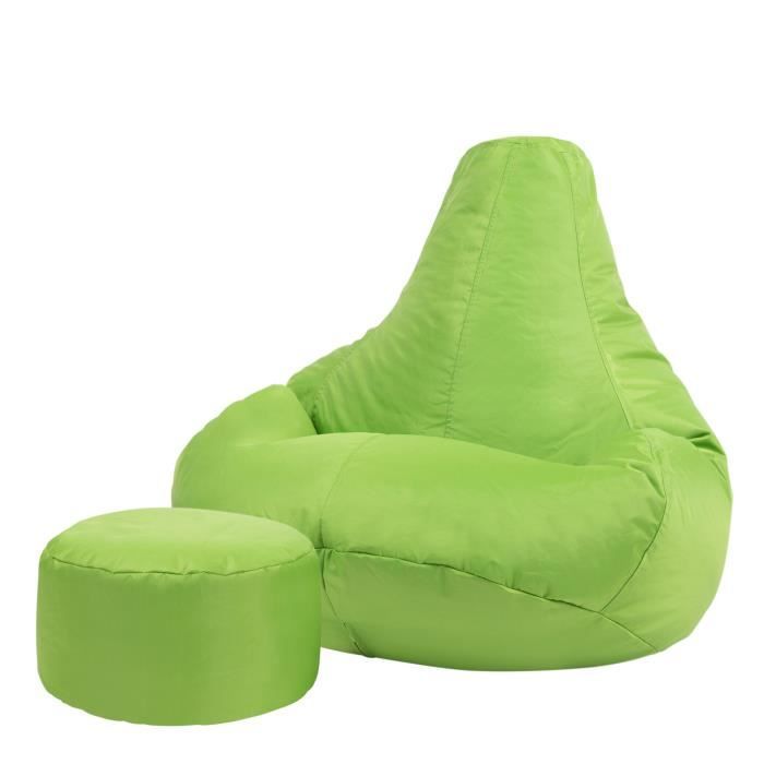 pouf fauteuil recliner et repose-pieds - veeva - textile tissé - résistant à l’eau - vert citron