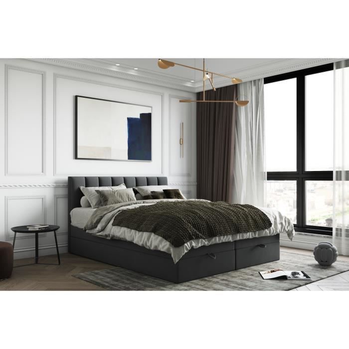 Lit adulte 140x200 cm GUSTO avec rangement et matelas ressorts ensachés - tissu velours - gris foncé Lit adulte 140x200 cm GUSTO avec rangement et matelas ressorts ensachés - tissu velours - gris foncé