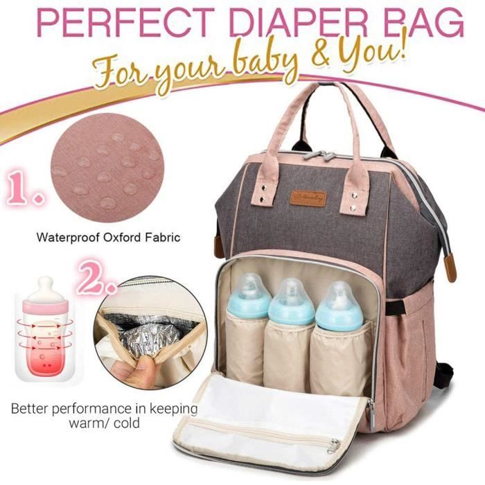 Sac à Dos à Langer Imperméable à L'eau Sac de Bébé Voyage,Sac à langer de  Grande Capacité avec Crochets de Poussette (Rose et Gris) - Cdiscount  Puériculture & Eveil bébé