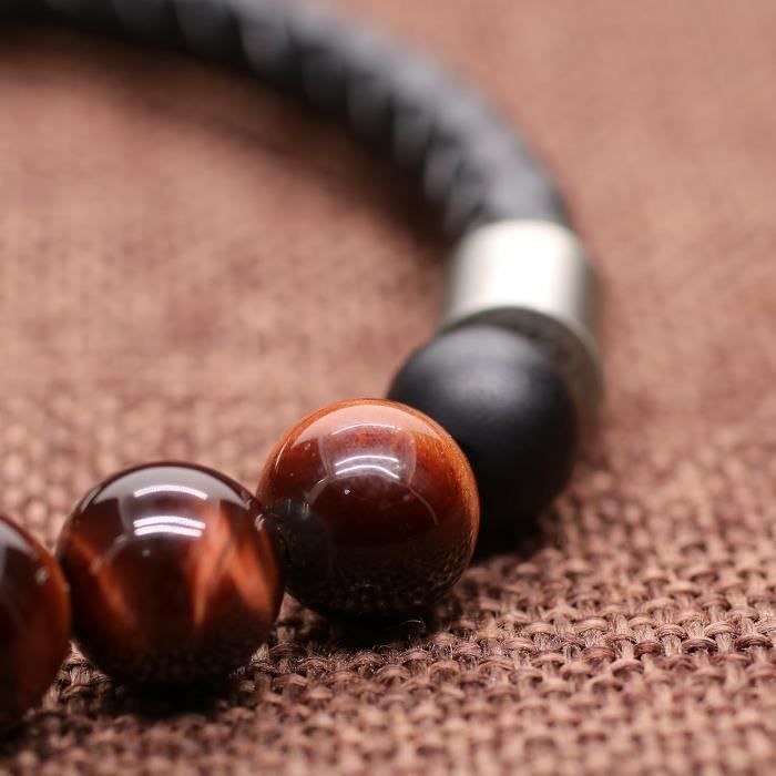 Bracelet Homme Oeil De Tigre En Cuir Tressé - Fermoir Magnétique - Cadeau Personnalisé Pour Papa/Mari