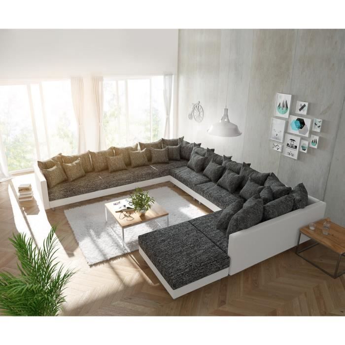 canapé panoramique clovis xxl - delife - noir blanc - 4 places - tissu texturé et cuir synthétique - relaxation