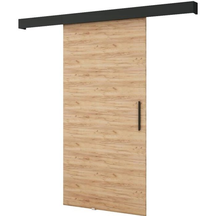 Ensemble Porte coulissante interieur avec rail POGO I - Chêne doré + Lunette noire mate + Poignée noire mate - 90x204cm