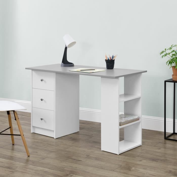 bureau avec 3 tiroirs lemberg 120x49x72cm blanc - gris clair [en.casa]