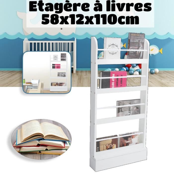 Bibliothèque Enfant Étagère Murale pour Chambre d’Enfant 4 étagères 58x12x110cm Blanc