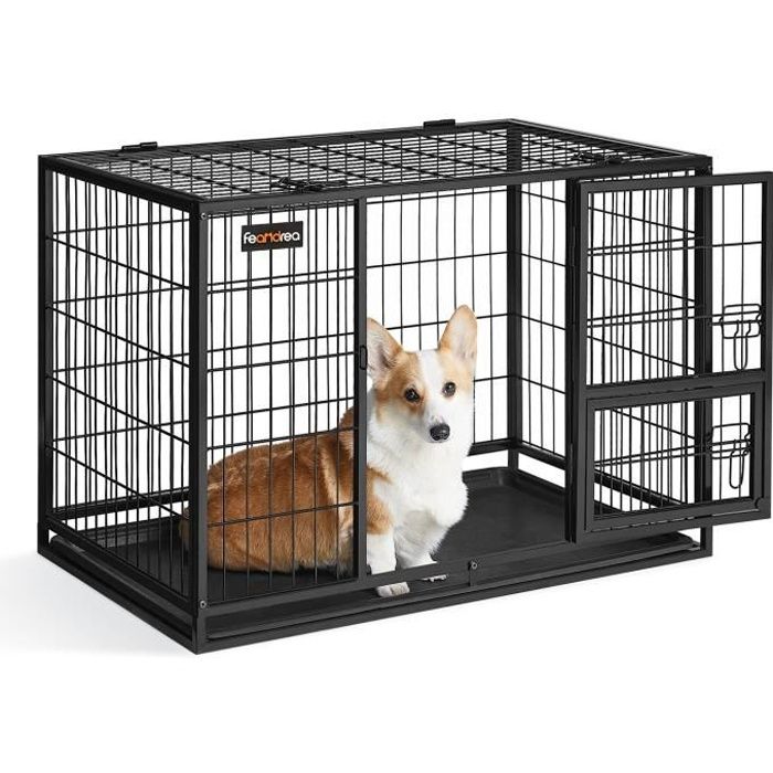 Comparer les prix de Cage pour Chien Lourd, 92,5 x 57,5 x 64 cm, Double Porte Amovible, Nettoyage Facile, Parc à Chiens, L, Noir