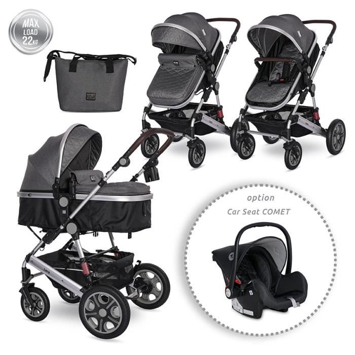 LORELLI - Poussette combinée trio 3 en 1 - siège auto 0m – nacelle – dès la naissance – jusqu’à 15kg – Lora - gris