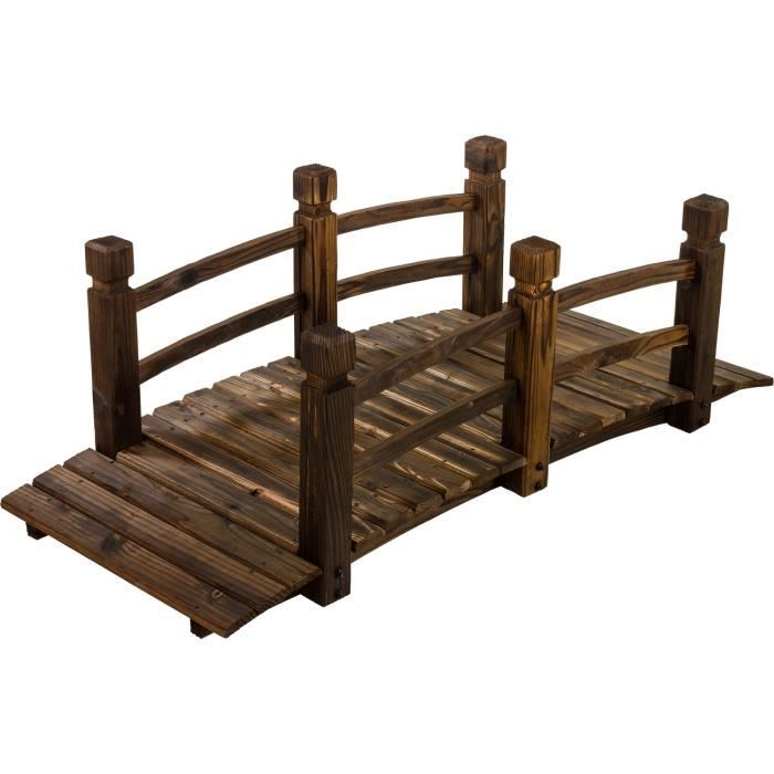 Pont en bois rustique et massif, marron, L 150 x l 67 x H 55 cm, protégé des intemperies par une technique de bois brûlé, supporte