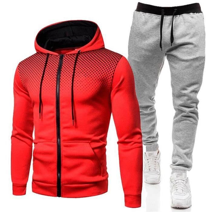 Survetement Ensemble Homme Rayé Sport Sweat-shirt Veste Zipper Automne Hiver Pantalon Survêtement Hommes Slim Fit Casual Running Suit Youngii(Rouge,XL