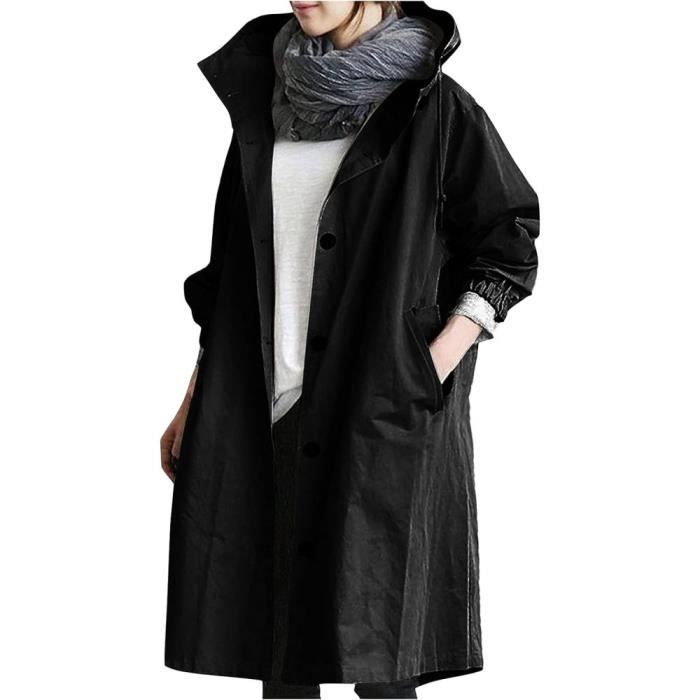 Manteau Femme Hiver Long Trench Coat Veste a Capuche Et Manches Longues Pour Femme Decontracte Avec Poches Boutons De Temperament Noir Cdiscount Pret a Porter