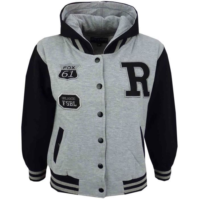 Veste de baseball americaine unisexe R Gris noir 2 13 ans