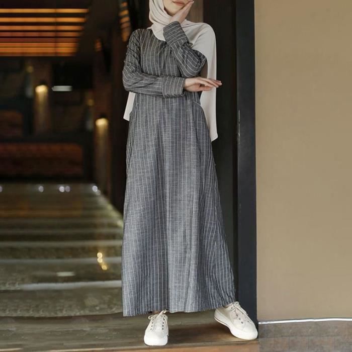Robe longue rayee en coton et lin pour femmes ZANZEA Kaftan manches longues style Vintage decontracte Blanc Cdiscount Pret a Porter