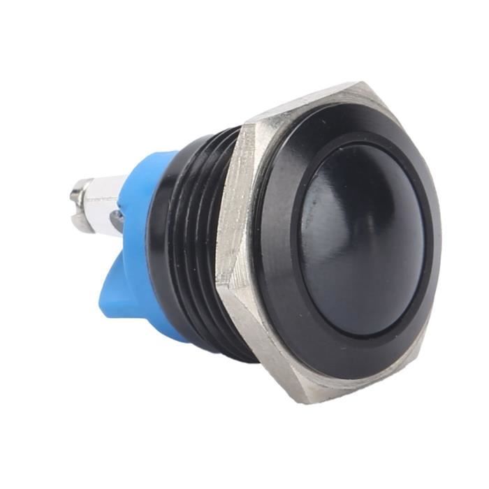 Interrupteur Bouton-Poussoir Métal 220V 16mm Étanché Acier Inoxydable - Auto-Réinitialisation Normalement Ouvert (Noir)