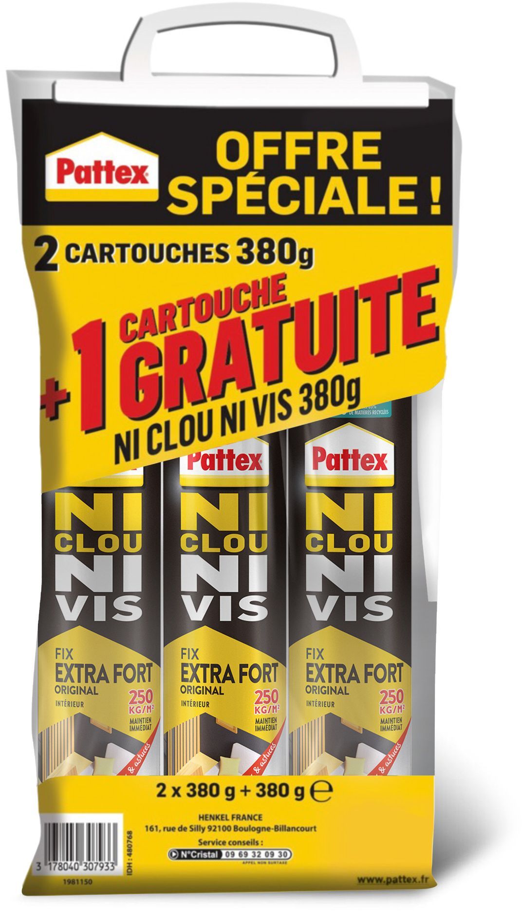 PATTEX Ni clou ni vis Fix Idéal Bois Lot de 2 cartouches + 1 gratuite