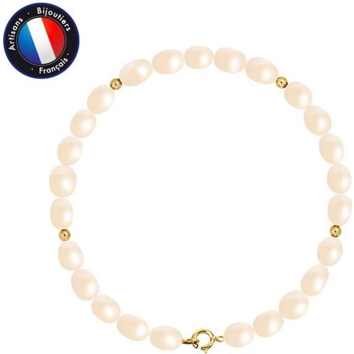 PERLINEA - Bracelet Véritable Perle de Culture d'Eau Douce Riz 4-5 mm Rose Naturel - Or Jaune - Bijoux Femme