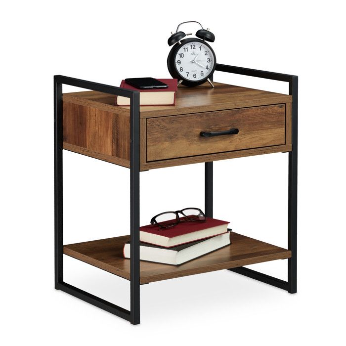 Table de Chevet, Table de Nuit Industrielle avec Etagère Ouverte et