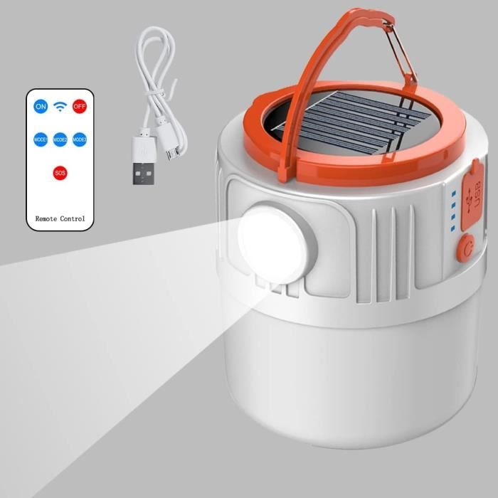 Lampe Camping Solaire Rechargeable – LED 6 Modes, 2000mAh, IPX4, Pliable, Avec Crochet – Pour Randonnée, Tente, Urgence