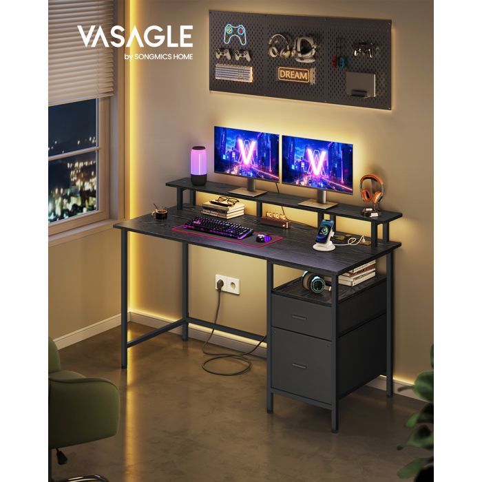 Bureau avec Tiroirs en Tissu avec Support dÉcran Multiprise 2 Ports USB 140 x 60 cm Noir Boisé