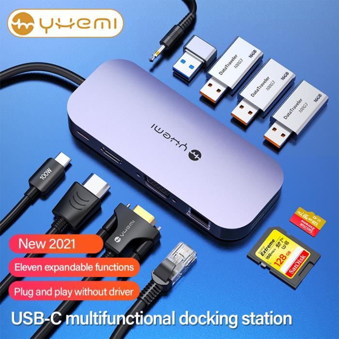 YHEMI MC811 HUB 11 in 1 Type-C HUB,Audio interface/USB3.0/USB2.0/PD/HDMI/VGA/Gigabit LAN/SD/TF pour Huawei P40Pro, Mate30,Samsung S8