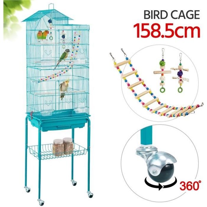 Comparer les prix de Cage à Oiseaux sur Pied - 46 x 36 x 158,5 cm - Équipé 3 Perchoir en Bois 4 Mangeoires 3 Jouets et 1 Swing - Bleu Canard - Yaheetech