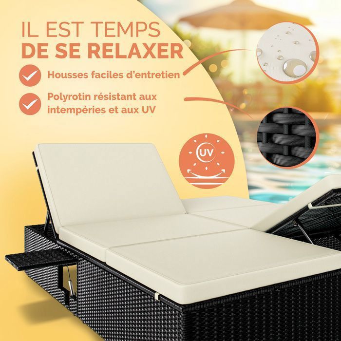 Chaise Longue XL 2 Places Casaria - Transat Jardin Polyrotin - Noir Crème