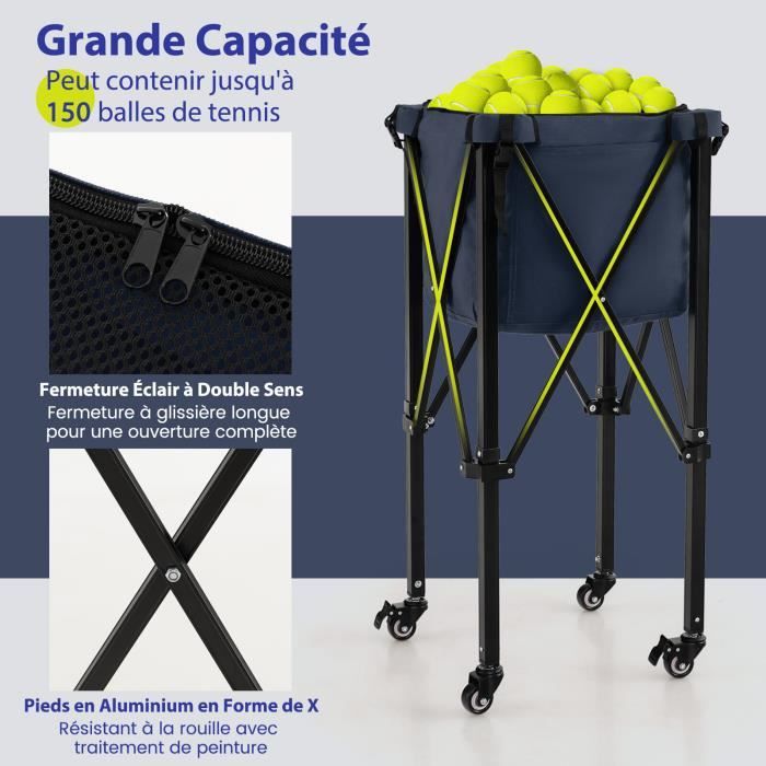FANTASK Chariot Pliable Tennis 150 Balles Aluminium Léger Avec Roues Et Sac Transport 3kg