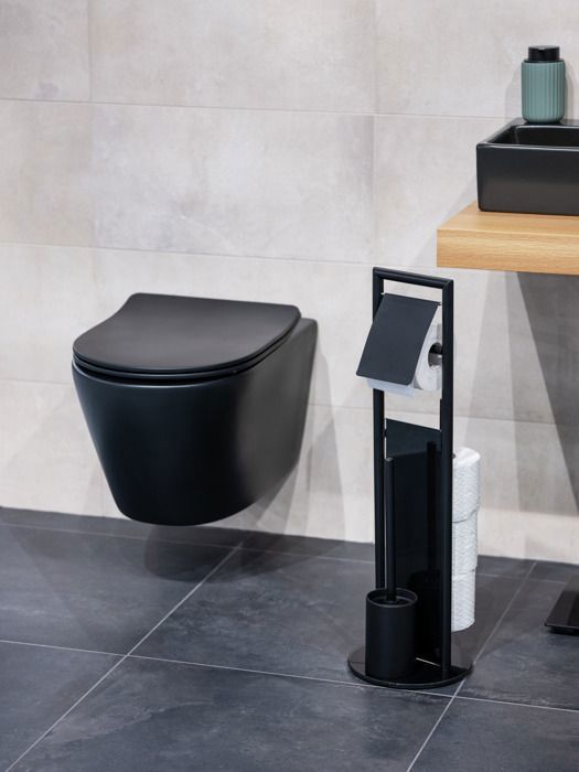 WENKO Combiné WC Rivalta 3 En 1 - Brosse WC, Dérouleur Papier Toilette Et Stockage - Acier Inox Brillant Et Verre Trempé Noir - 18x70x23 Cm