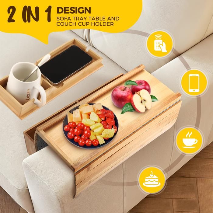Plateau Pour Canapé Universel Tablette D'accoudoir Pour Canapé En Bambou Liuer - Plateau Pliant Antidérapant 41x33cm, Avec Porte-gobelets