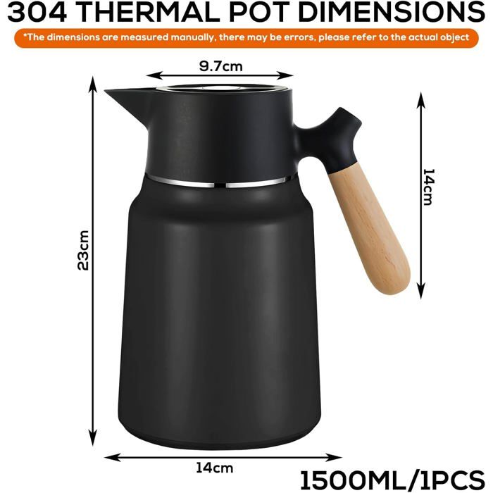 Carafe Isotherme 1L - Intérieur Verre - Garde Chaud 10h / Froid 24h - Bec Anti-goutte - Poignée Confort - Pour Café, Thé, Eau
