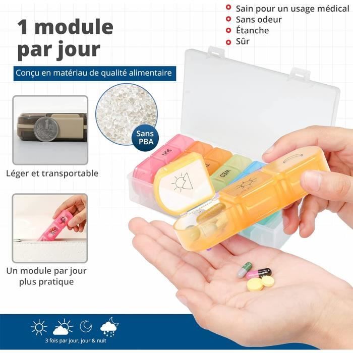Pilulier Semainier Grand - 3 Compartiments Par Jour (Matin/Midi/Soir) - Noir - Neuf