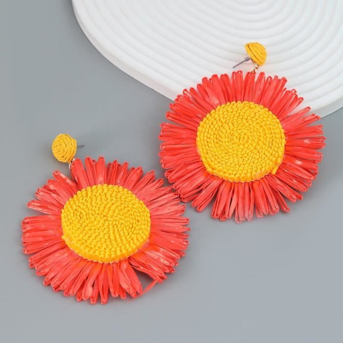 Boucles D'oreilles Fleurs En Raphia Hypoallergéniques - Acier Inoxydable Et Bois Naturel