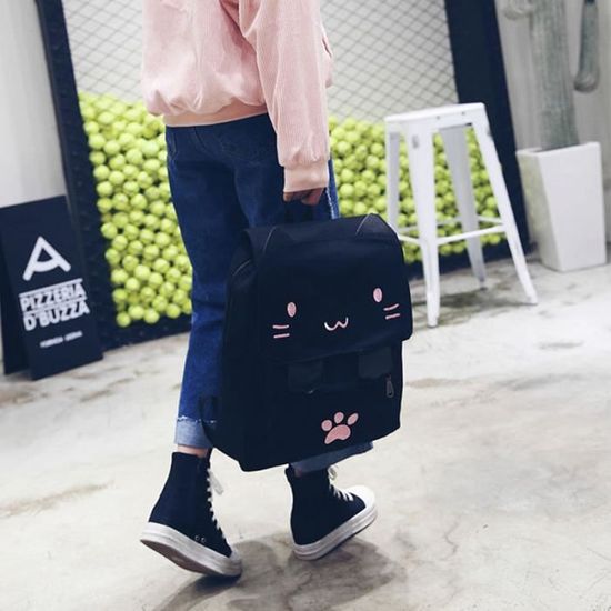 SODIAL Mode mignon chat broderie toile etudiant sac cartoons femmes sac a dos loisirs ecole sac noir et blanc