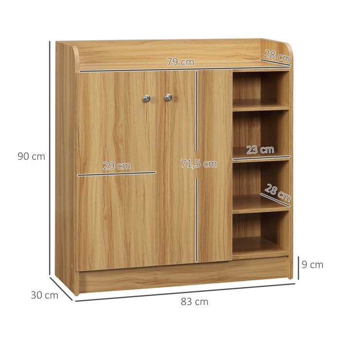 HOMCOM Armoire à Chaussures Moderne – 4 Compartiments Ouverts + Placard 2 Portes, Étagère Réglable, 83 X 30 X 90 Cm, Blanc