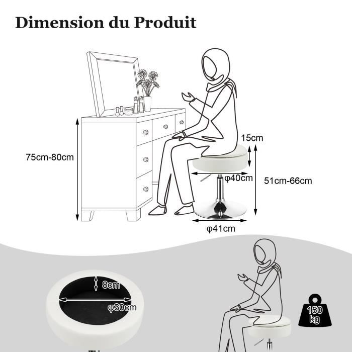 COSTWAY Tabouret de Coiffeuse Pivotante à 360 Degrés Hauteur Réglable