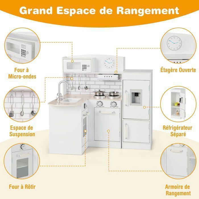 Ensemble de Cuisine en Bois avec Lumières et Sons Grande Cuisine Modulaire et Réfrigérateur Jouet avec Fonctionnalités pour 3 Ans+ Gris