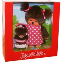 Peluche Mama avec Bébé et poussette Poupée - Kiki - Monchhichi - 20cm