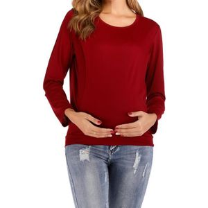 CHEMISIER - BLOUSE Haut de vêtements d'allaitement de maternité de couleur unie à manches longues et col rond en coton rouge