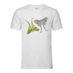 T-SHIRT T-shirt Homme Col Rond Blanc Papillons Verts Minimaliste Biologie Illustration Ancienne