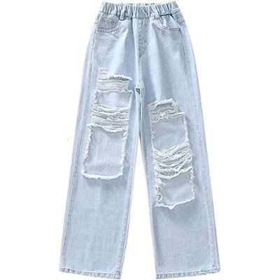Jeans Dechire Ado Garcon Fille Enfant AMOUNE Loose Taille haute Bleu Bleu Cdiscount Pret a Porter