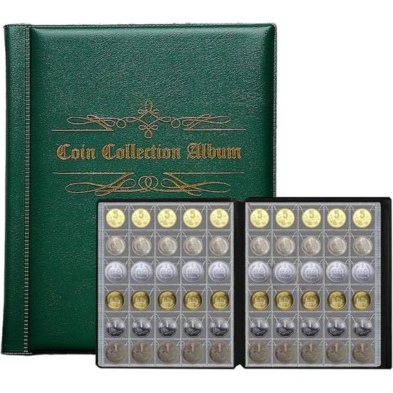 VEGCOO Album De Collection 480 Poches Pour Pièces De Monnaie - Livre En Cuir Avec Onglets Index